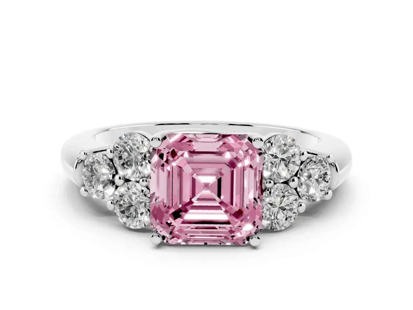 Fancy Pink Asscher Cut Diamond Cluster Ring Set in Platinum with Round Accent Stones and Prong Setting on a Plain Band