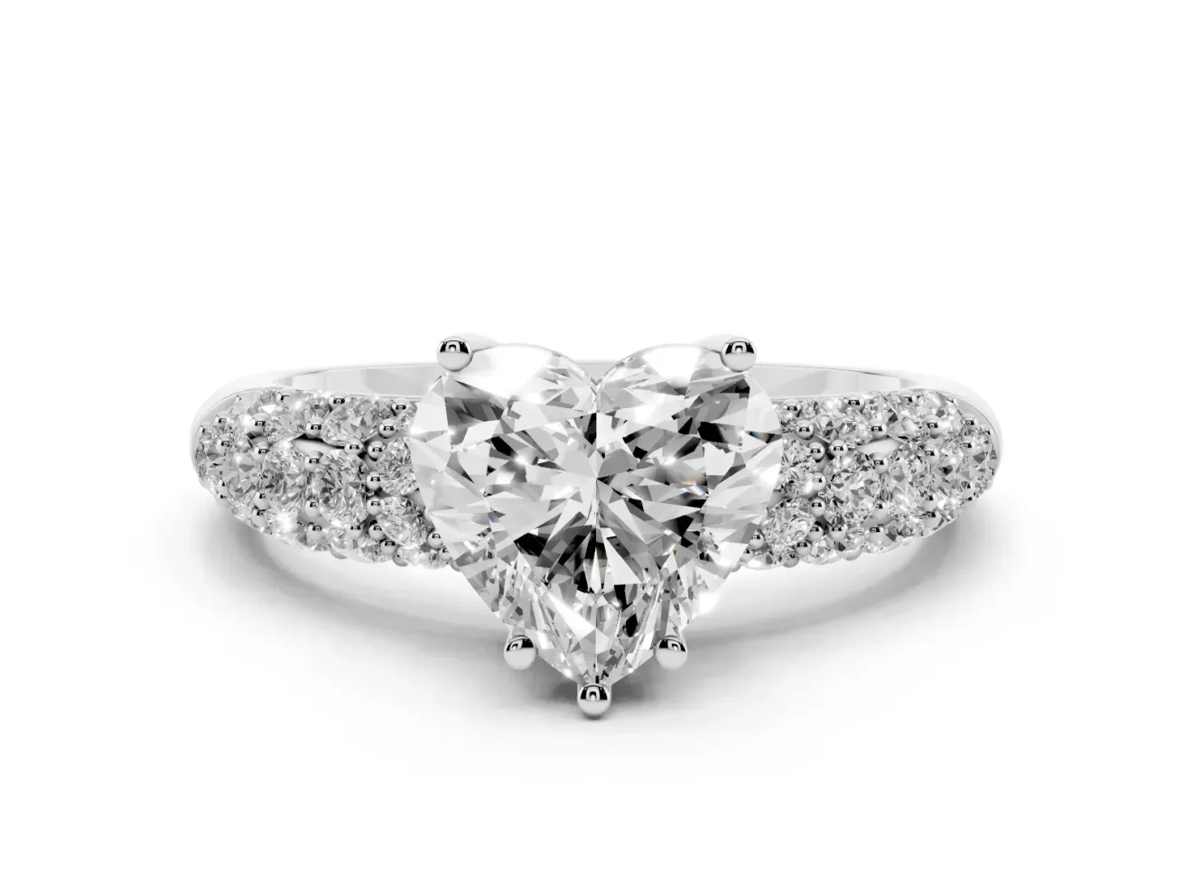 Heart-Shaped Multi Row Pave Solitaire Engagement Ring Setting | Domed Shoulders | Platinum