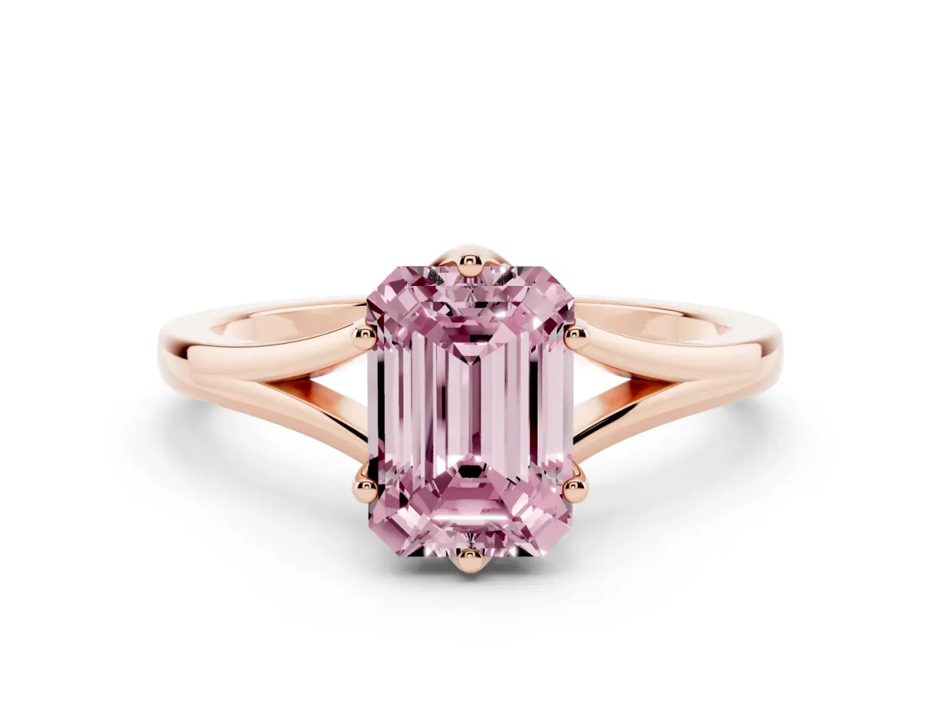 Fancy Pink Emerald Cut Diamond Solitaire Ring Set in Rose gold with Polished Tapered Band and Prong Setting
