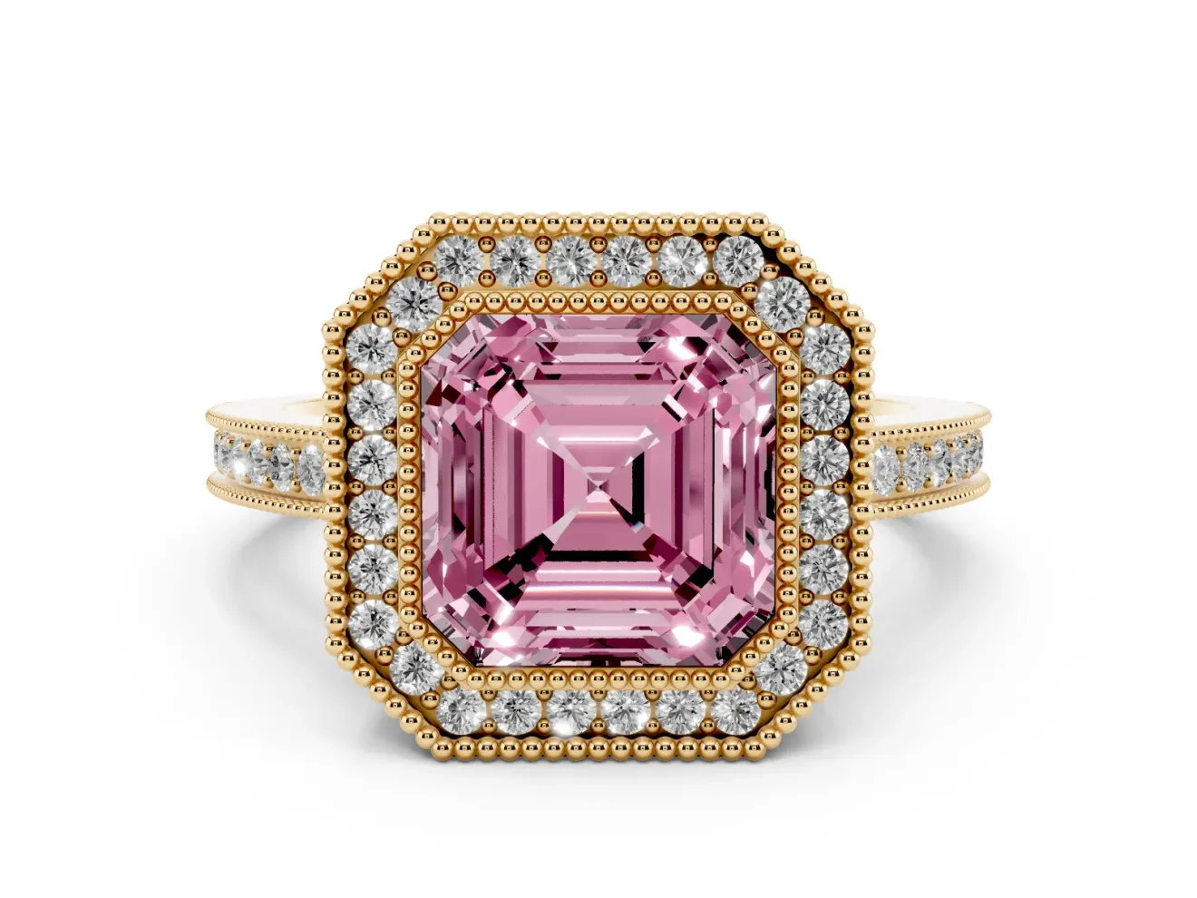 Fancy Pink Asscher Cut Diamond Halo Ring Set in Yellow gold with Pavé Band and Milgrain-Edged Prongs