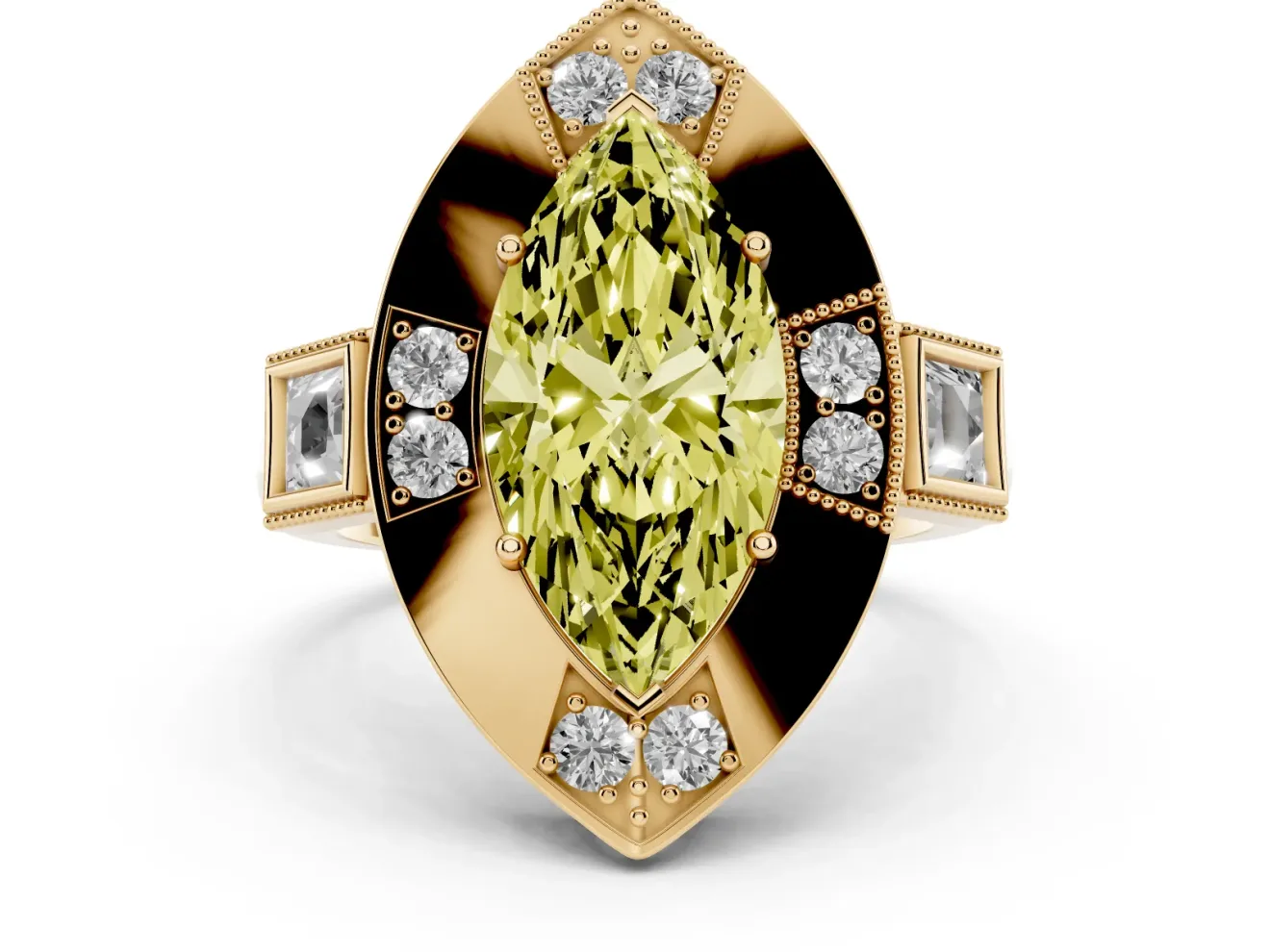 Fancy Yellow Marquise Cut Diamond Milgrain Halo Ring Set in Yellow gold with Split Shank