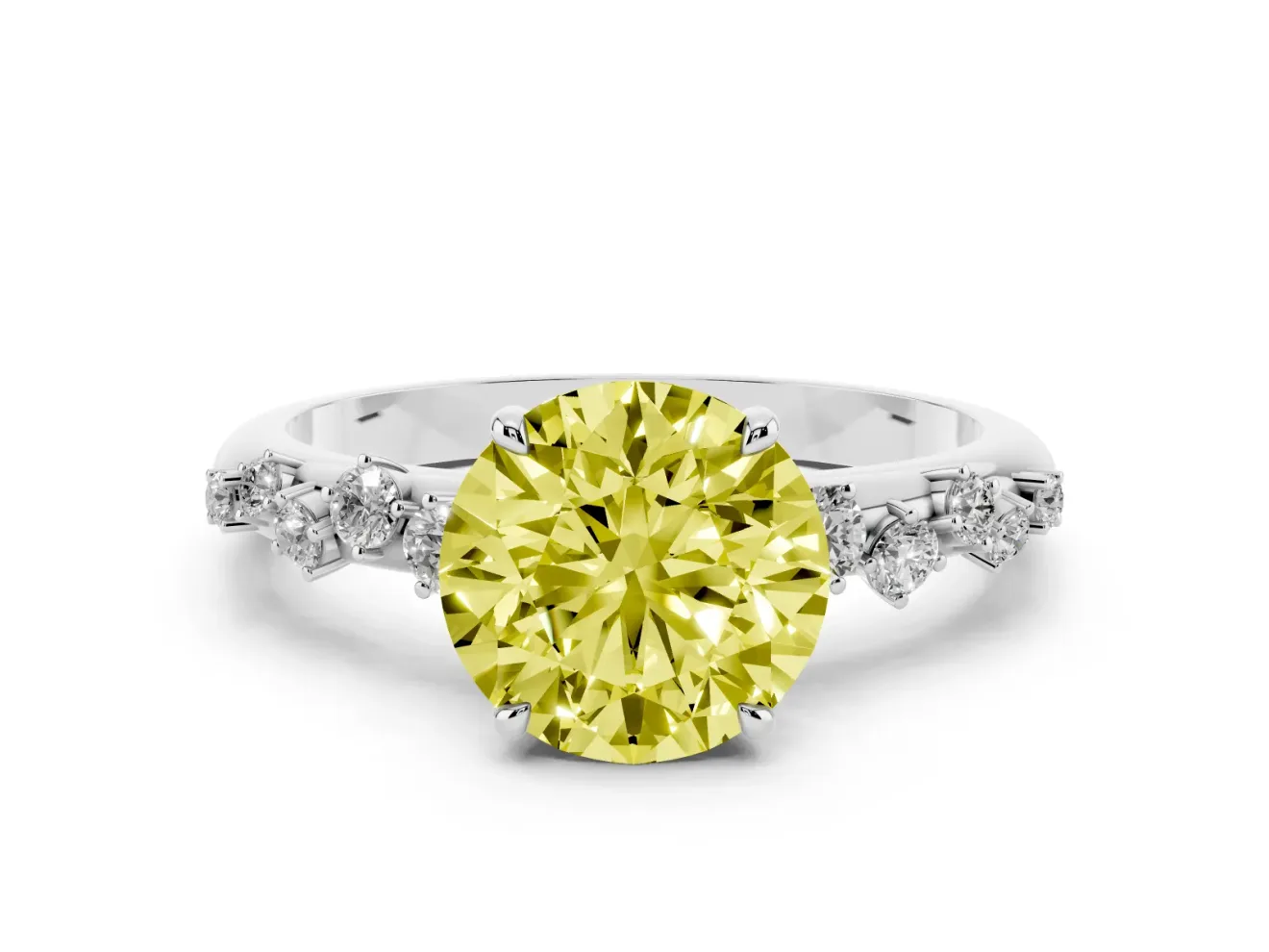 Fancy Yellow Round Cut Diamond Cluster Solitaire Ring Set in White gold with Prong Setting