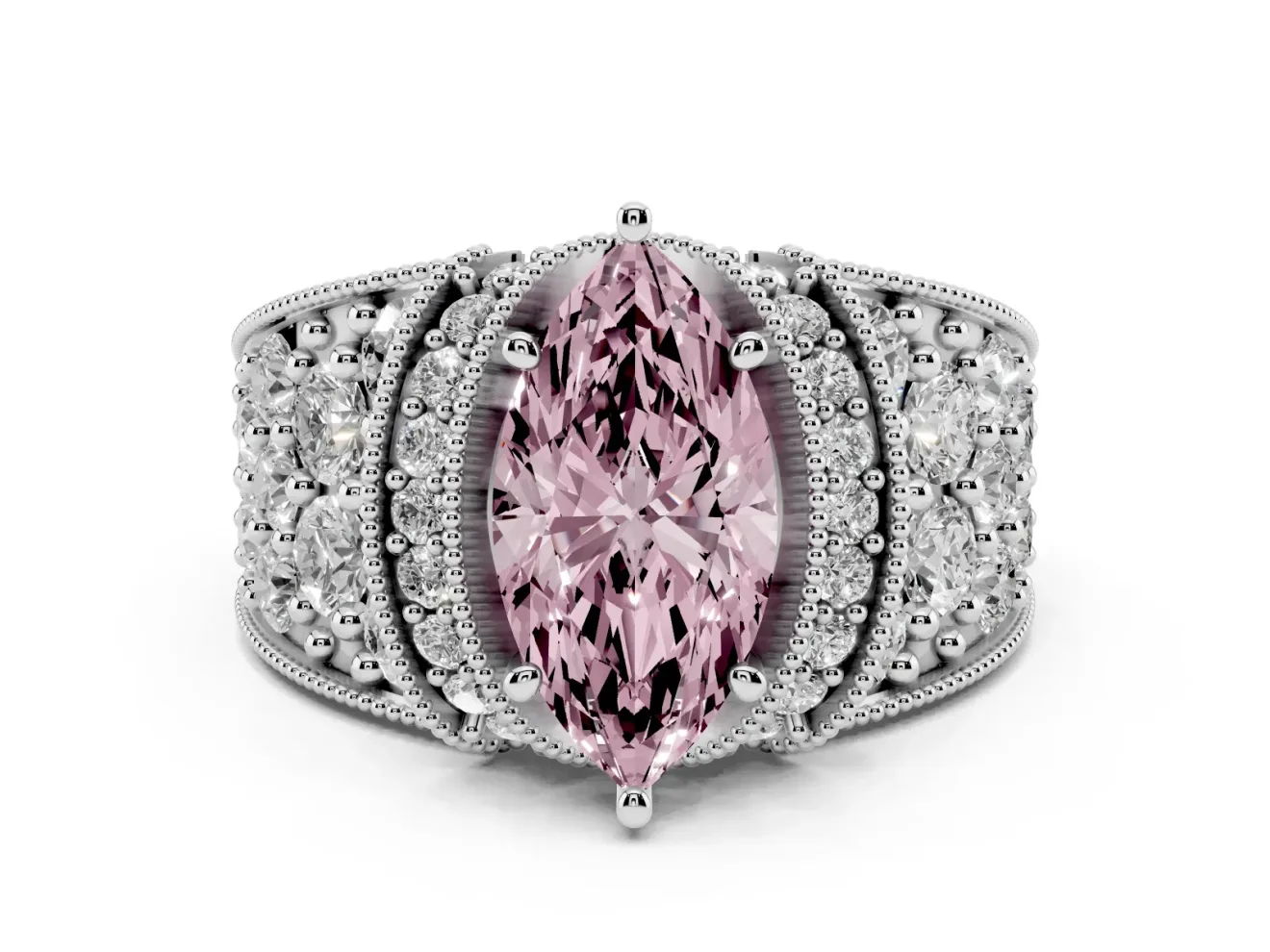 Marquise Vintage Pave Engagement Ring Setting for a Fancy Pink Lab-Grown Diamond | Milgrain Edges | Platinum