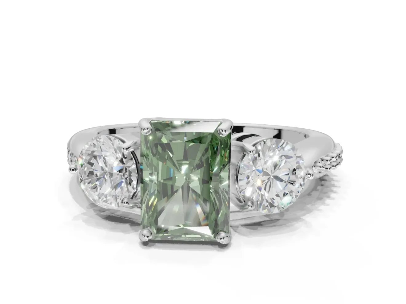 Radiant Cut Three Stone Engagement Ring Setting for a Fancy Green Lab-Grown Diamond | Tapered Pave Band | Platinum