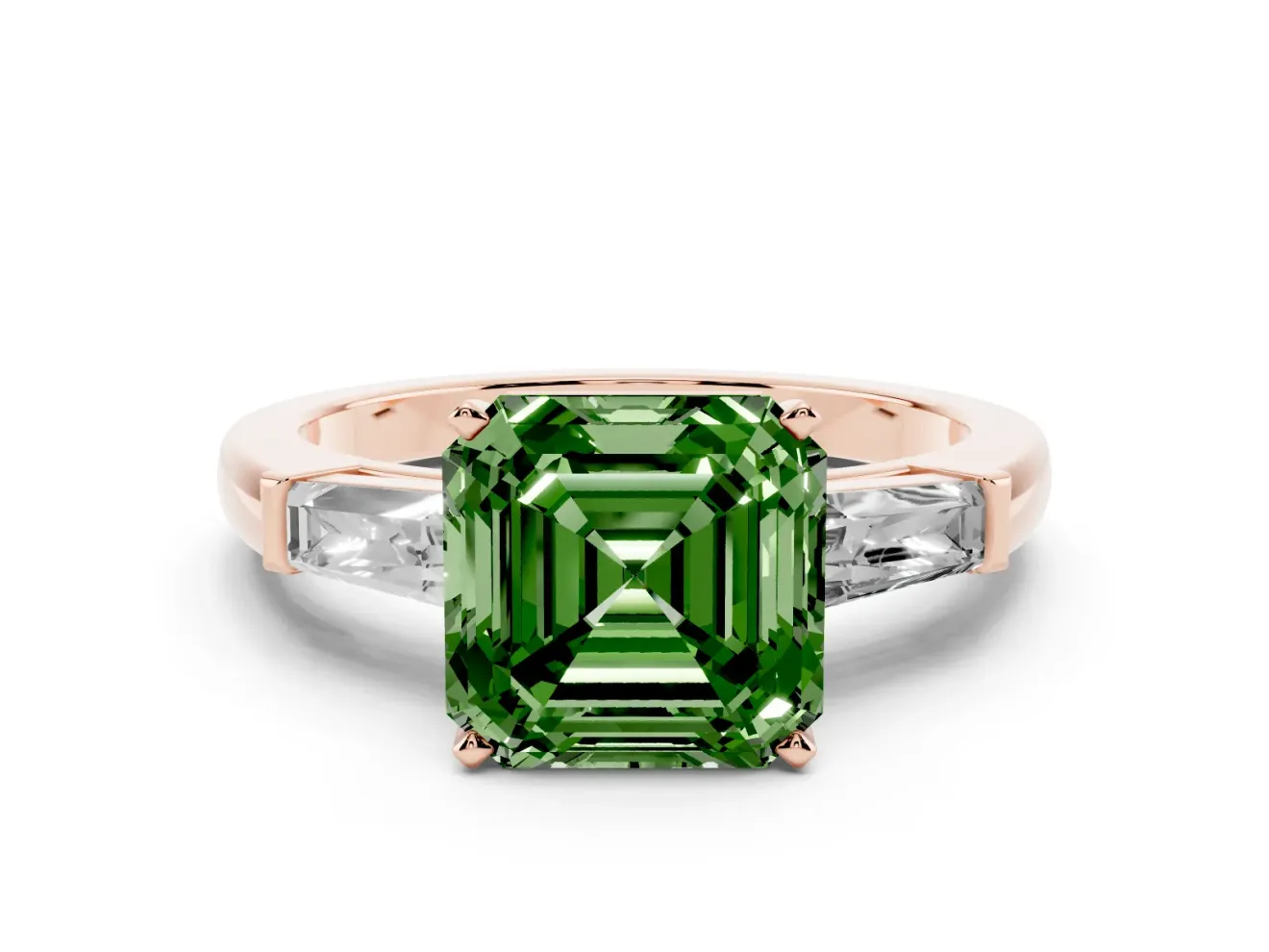 Fancy Green Asscher Cut Diamond Solitaire Ring Set in Rose gold with Tapered Baguette Side Stones and Prong Setting