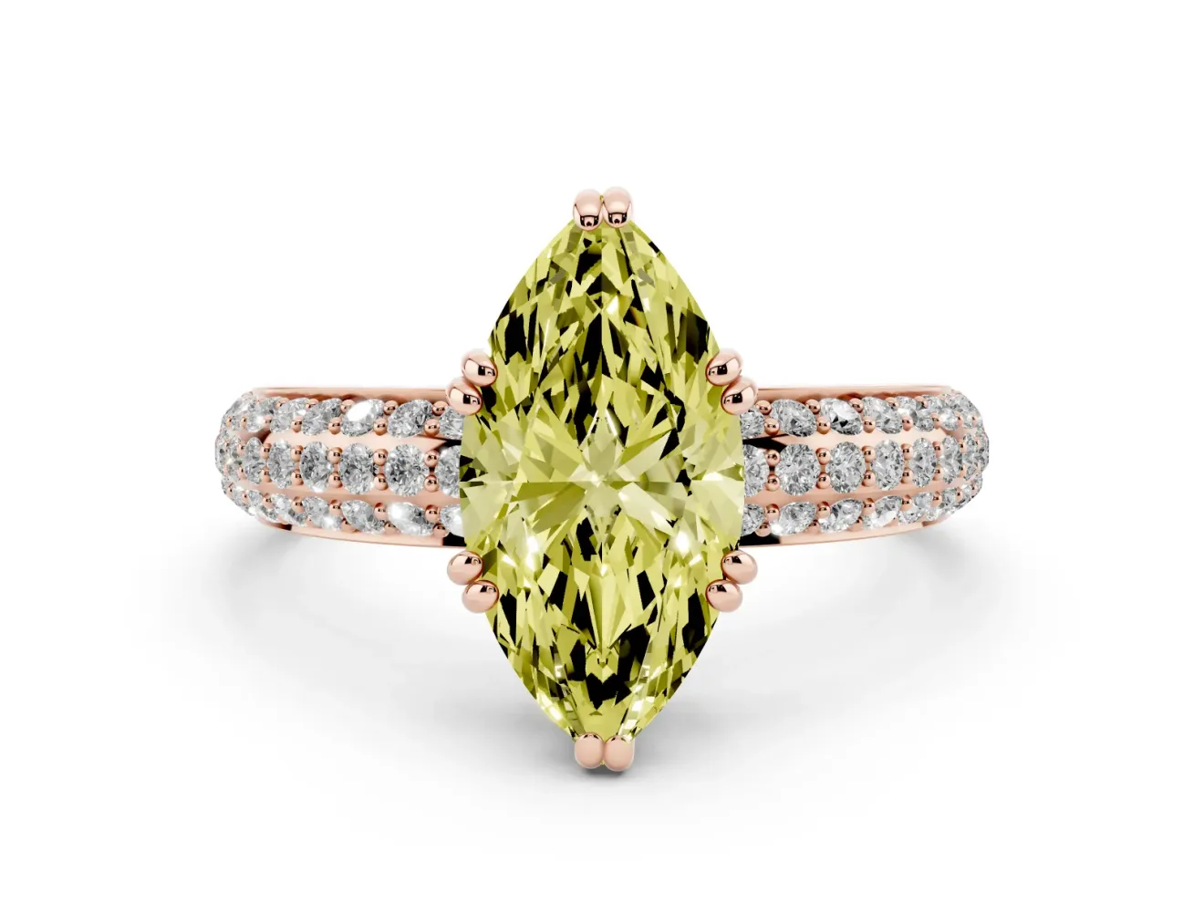 Marquise Three Row Pave Engagement Ring Setting for a Fancy Yellow Lab-Grown Diamond | Rose Gold