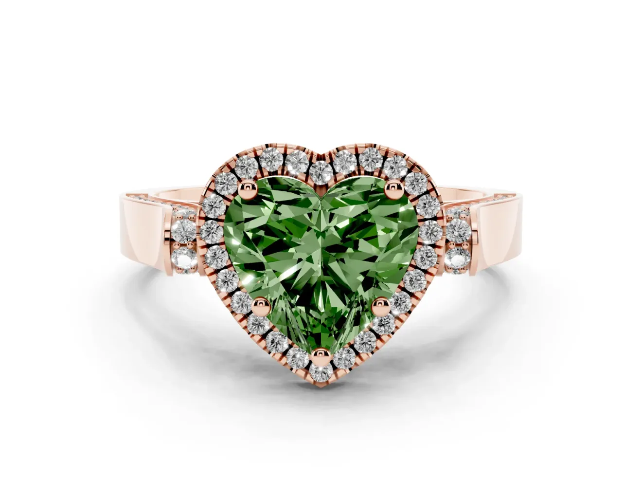 Heart-Shaped Halo Engagement Ring Setting for a Fancy Green Lab-Grown Diamond | Pointed Pave Shoulders | Rose Gold