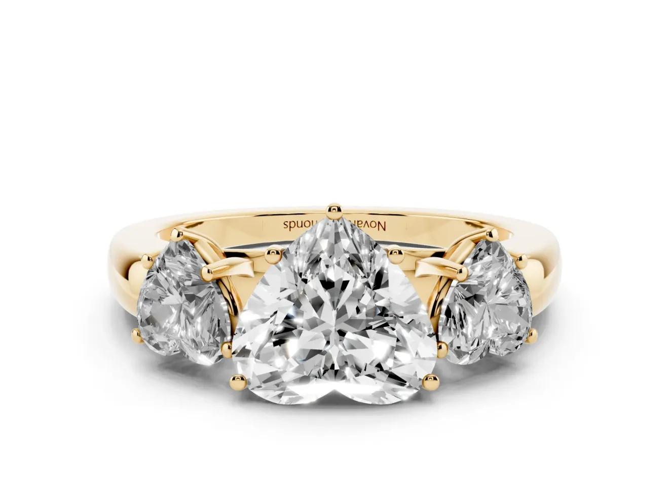 Heart-Shaped Three Stone Engagement Ring Setting | Matching Side Stones | Yellow Gold