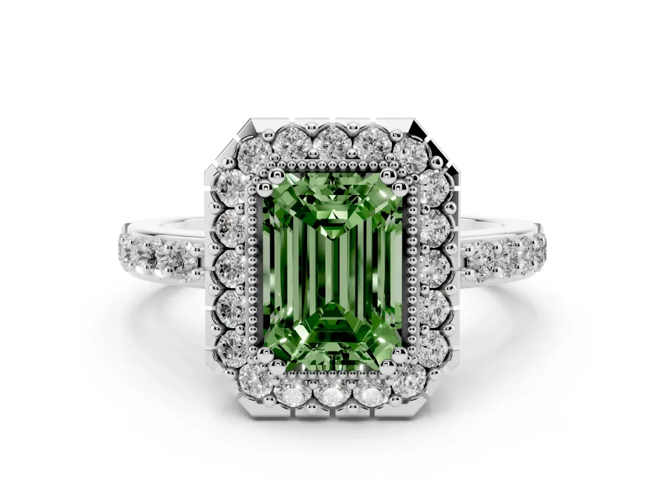 Emerald Cut Milgrain Halo Engagement Ring Setting for a Fancy Green Lab-Grown Diamond | Pavé Shoulders | White Gold