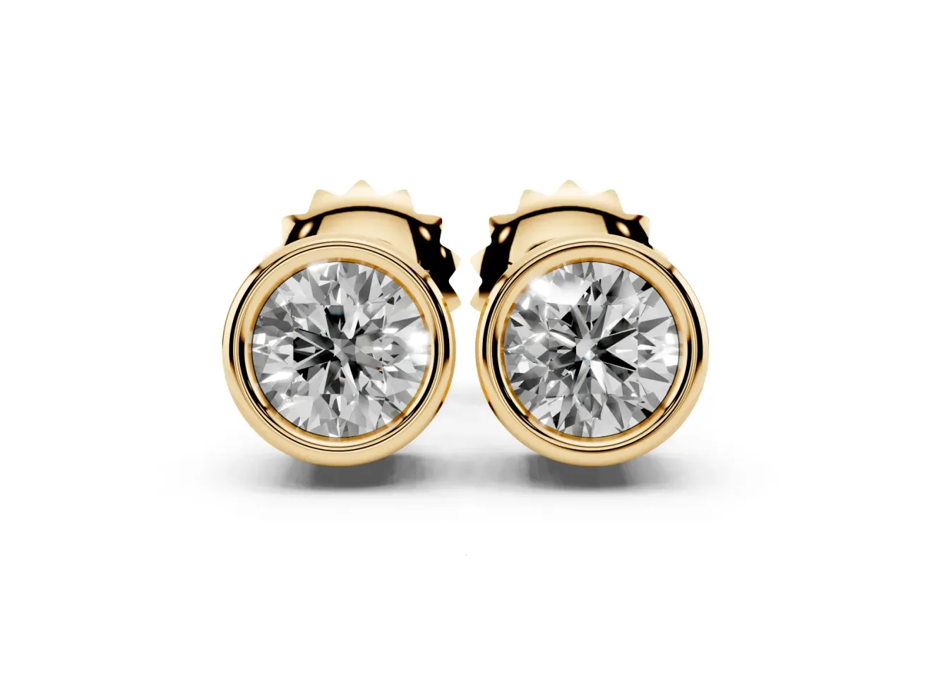 Round Lab-Grown Diamond Full Bezel Solitaire Stud Earrings | Push Backs | Yellow Gold