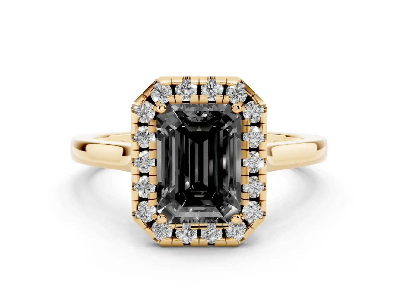 Emerald Cut Halo Engagement Ring Setting for a Black Center | Flat Tapered Band | Yellow Gold