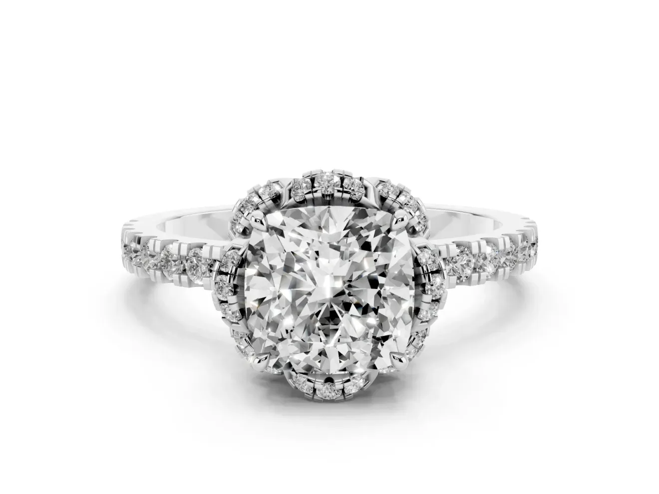 Cushion Cut Floral Petal Halo Engagement Ring Setting | Pavé Band | White Gold