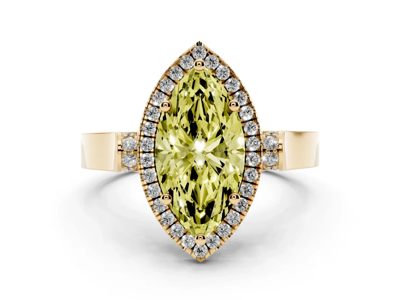 Fancy Yellow Marquise Cut Diamond Halo Ring Set in Yellow gold with Pavé-Lined Split Shank Band