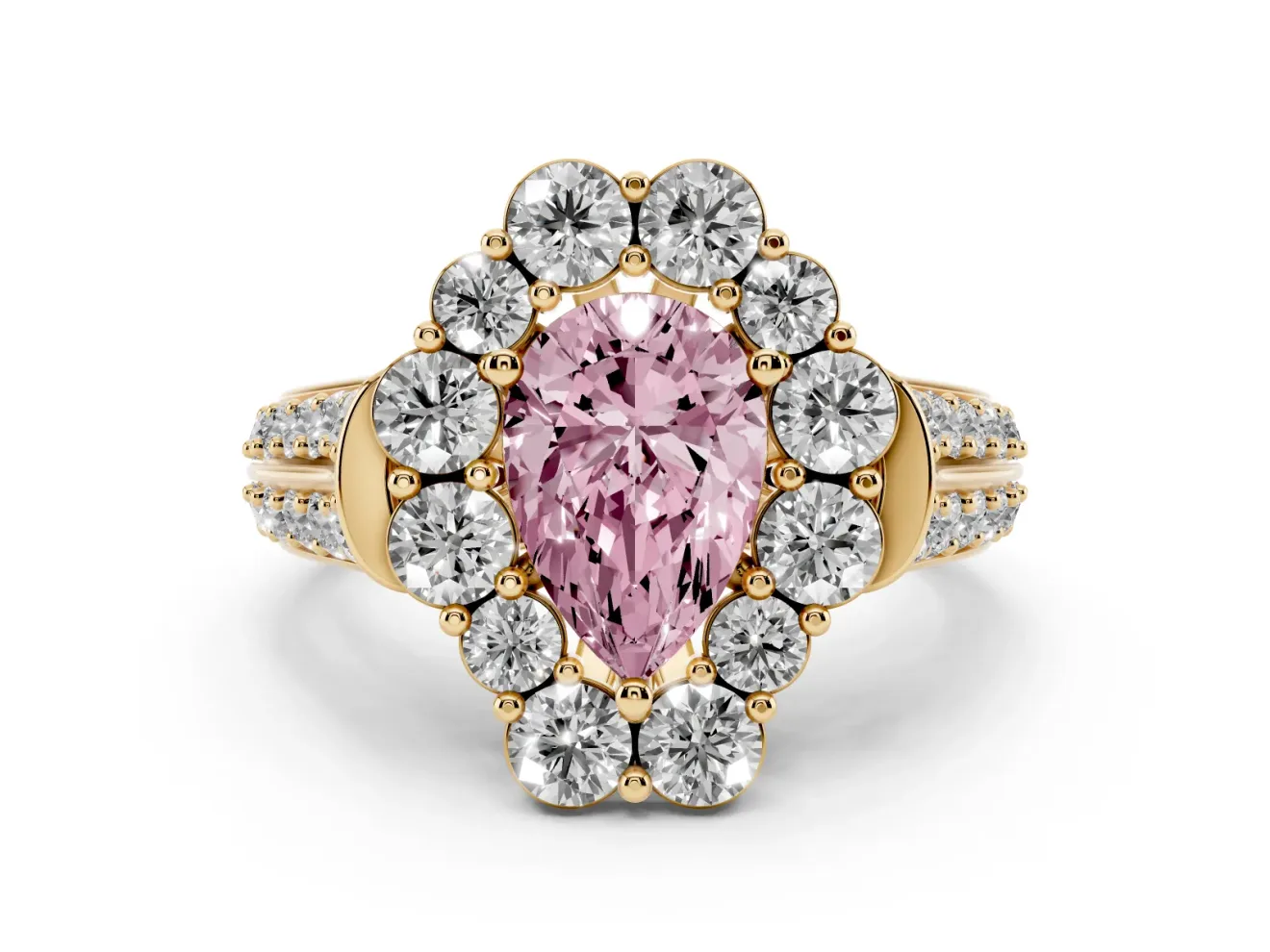 Pear-Shaped Large Accent Halo Engagement Ring Setting for a Fancy Pink Lab-Grown Diamond | Graduated Pavé | Yellow Gold