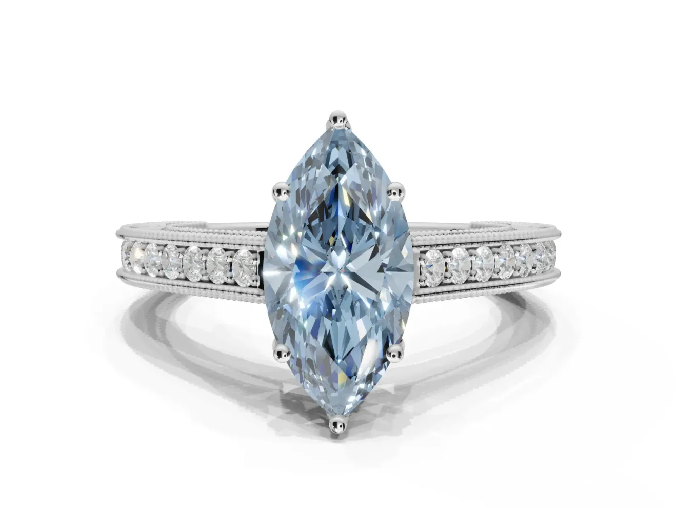 Marquise Vintage Engraved Pavé Engagement Ring Setting for a Fancy Blue Lab-Grown Diamond | Milgrain Edges | Platinum