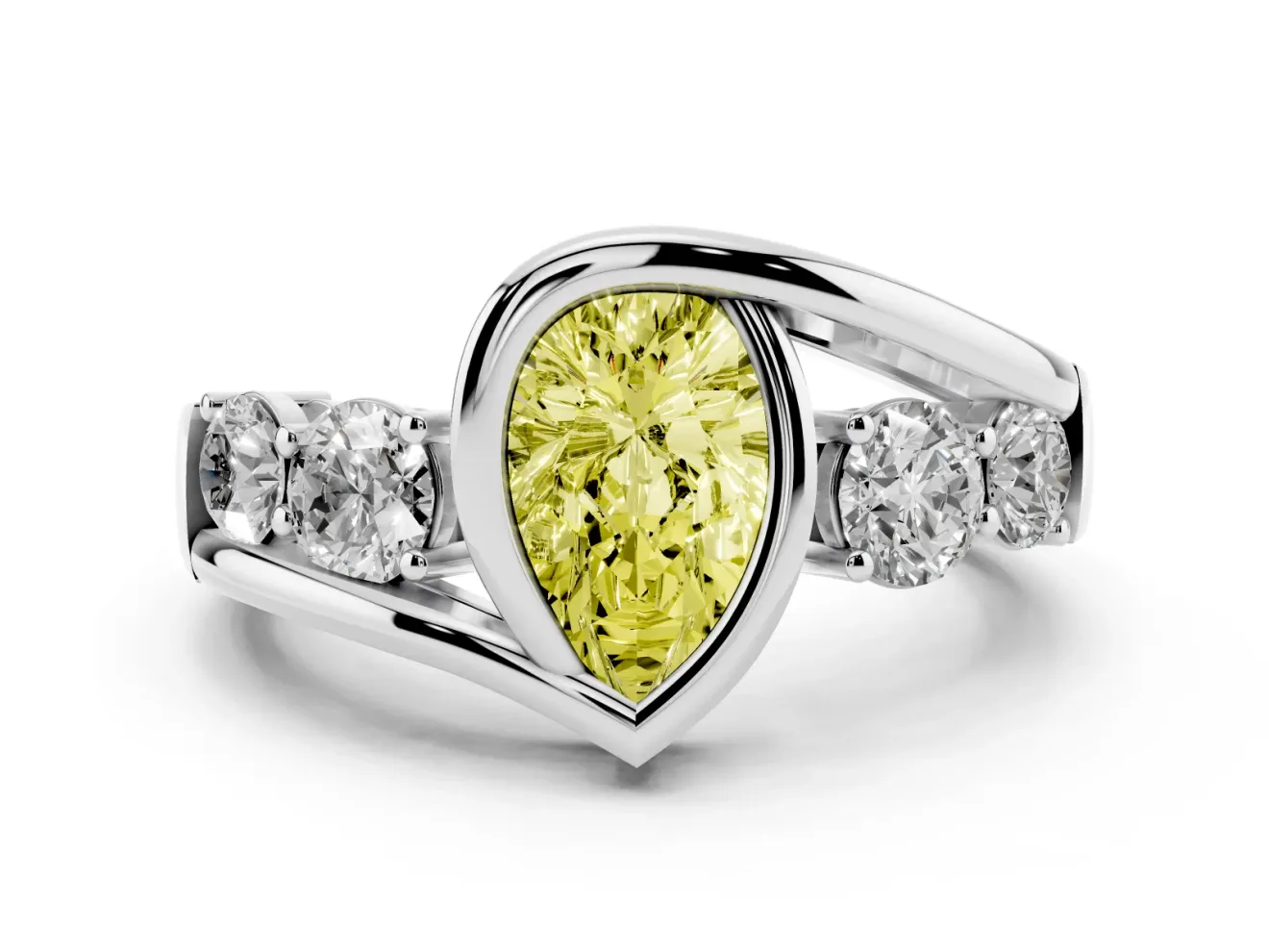 Fancy Yellow Pear Cut Diamond Bezel Bypass Ring Set in White gold with Round Accents