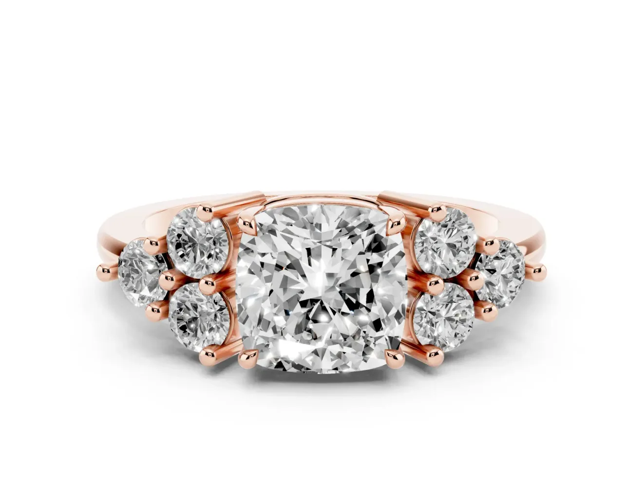 Cushion Cut Diamond Solitaire Ring Set in Rose gold with Cluster Accents on Each Side