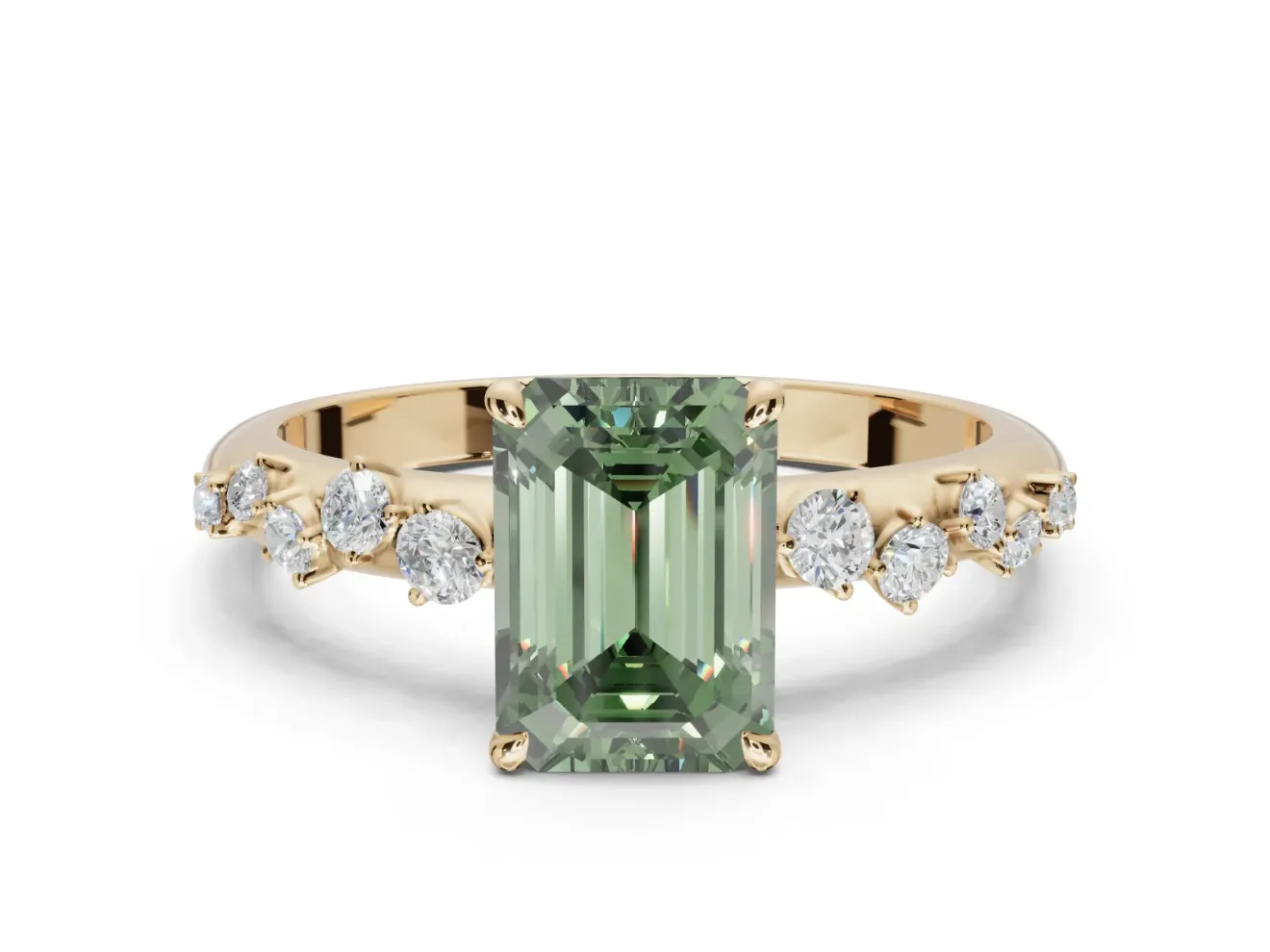 Emerald Cut Graduated Solitaire Engagement Ring Setting for a Fancy Green Lab-Grown Diamond | Yellow Gold