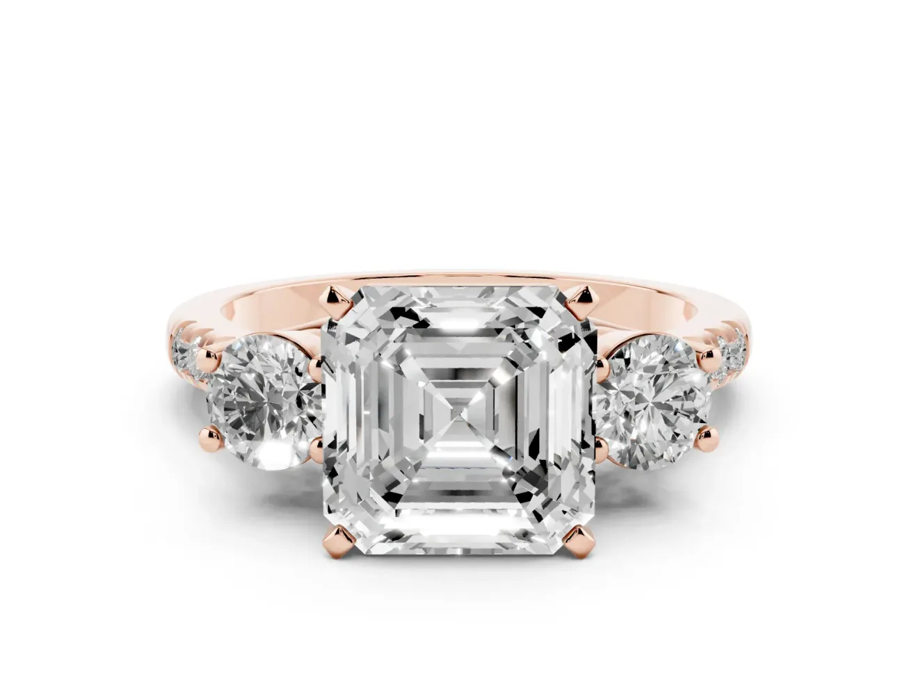 Asscher Cut Three-Stone Pavé Engagement Ring Setting | Round Side Stones | Rose Gold