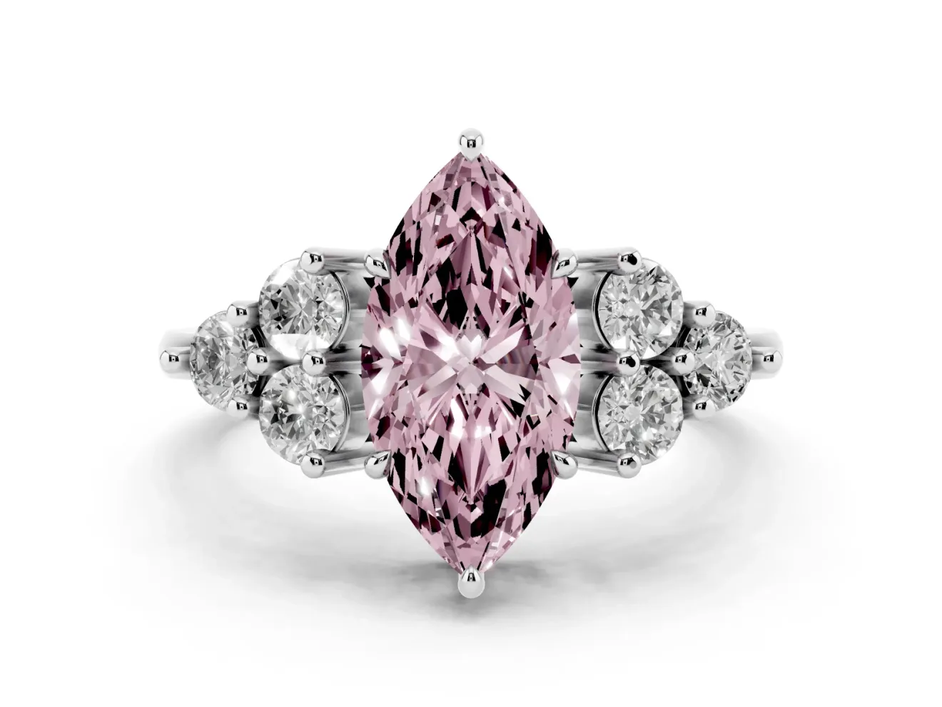 Marquise Cluster Side Stone Engagement Ring Setting for a Fancy Pink Lab-Grown Diamond | Plain Band | Sterling Silver