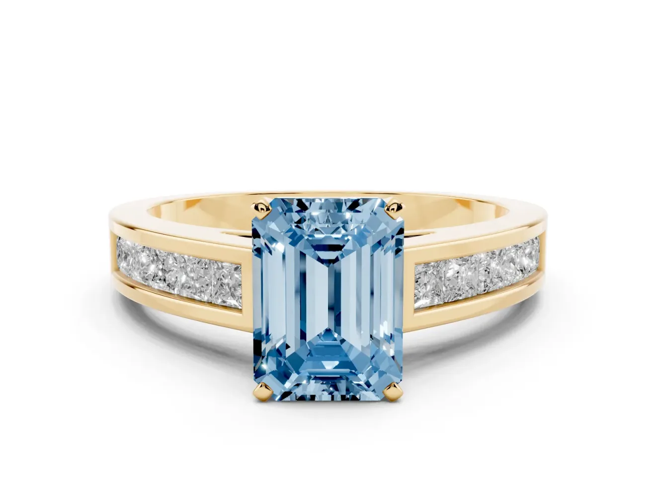 Fancy Blue Emerald Cut Diamond Solitaire Ring Set in Yellow gold with Channel-Set Band and Prong Setting