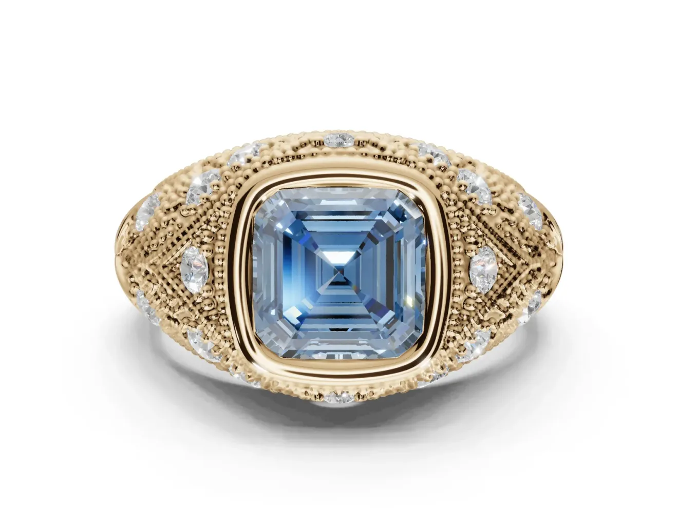 Asscher Cut Vintage Bezel Engagement Ring Setting for a Fancy Blue Lab-Grown Diamond | Yellow Gold