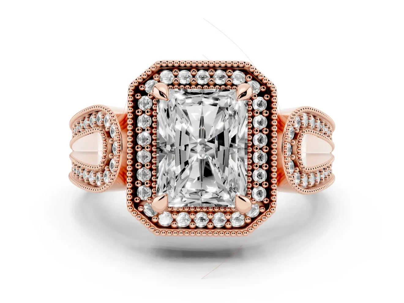 Radiant Cut Vintage Milgrain Halo Engagement Ring Setting | Open Loop Pave Shoulders | Rose Gold