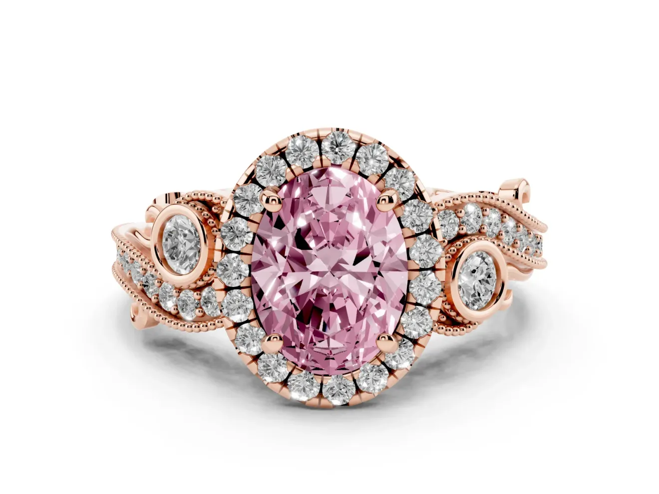 Fancy Pink Oval Cut Diamond Halo Ring Set in Rose gold with Milgrain Pavé Band and Prong Setting