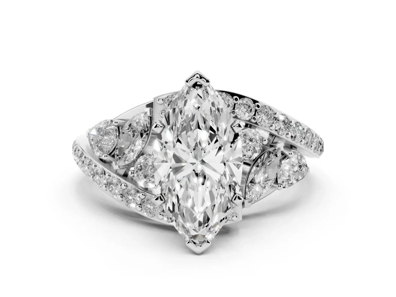 Marquise Cut Diamond Halo Ring Set in Silver with Marquise and Pavé Band in Prong Setting