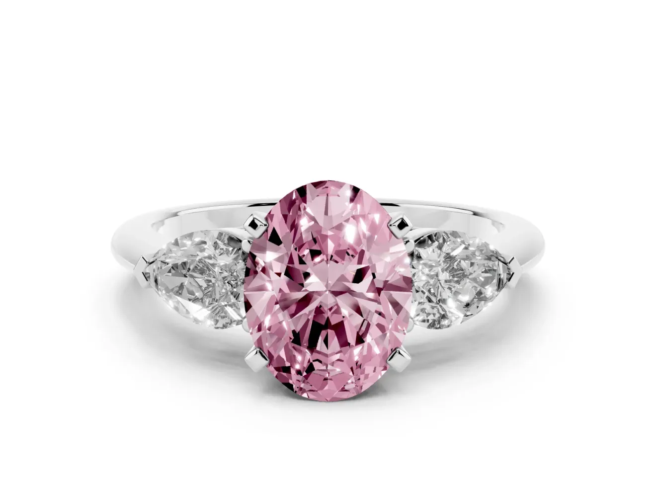 Fancy Pink Three-Stone Oval Cut Diamond Ring Set in Platinum with Pear Side Stones and Prong Setting