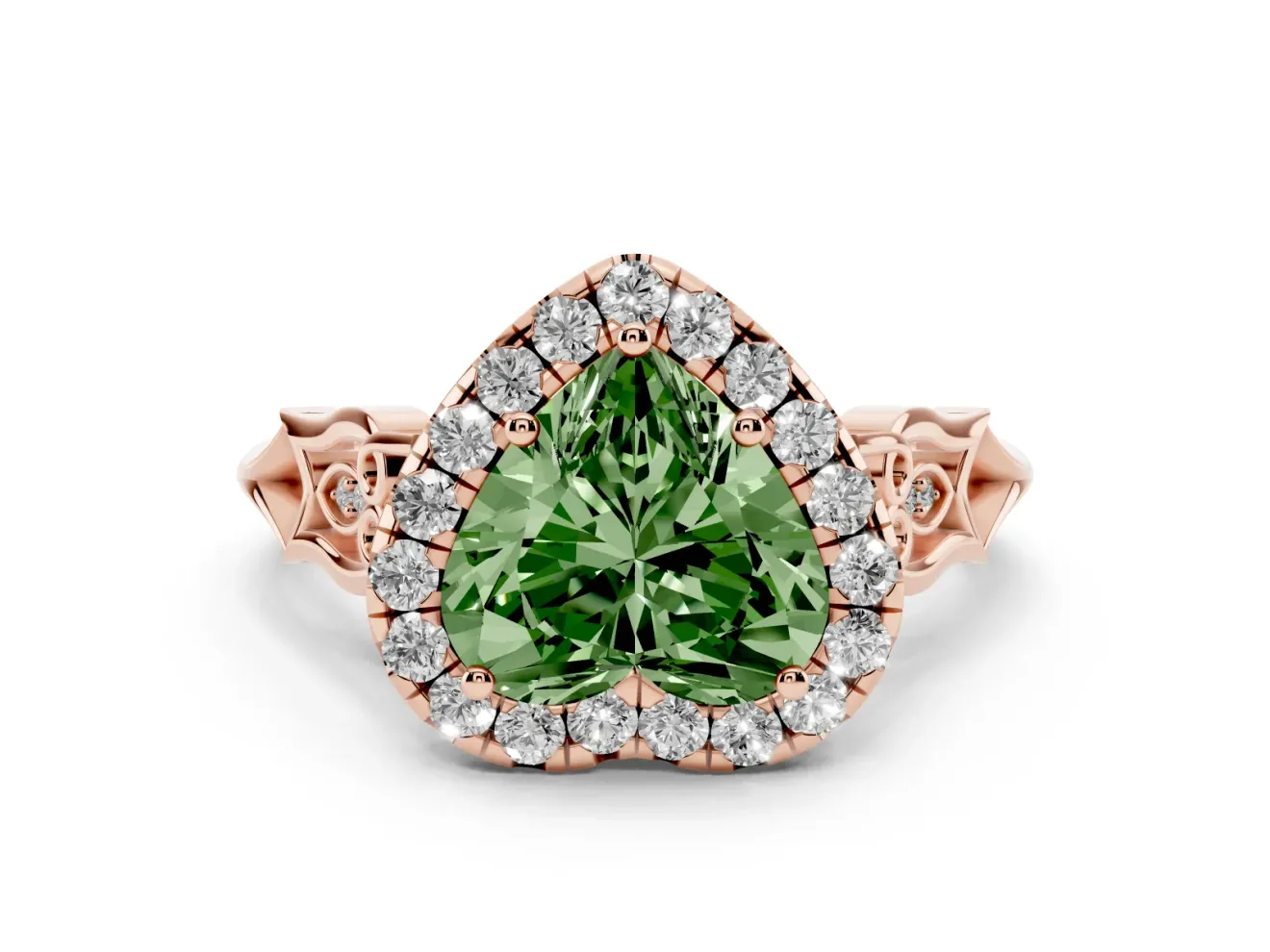 Heart-Shaped Halo Engagement Ring Setting for a Fancy Green Lab-Grown Diamond | Filigree Shoulders | Rose Gold