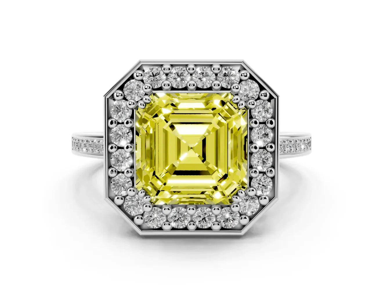 Asscher Cut Halo Engagement Ring Setting for a Fancy Yellow Lab-Grown Diamond | Polished Halo Rim | Sterling Silver