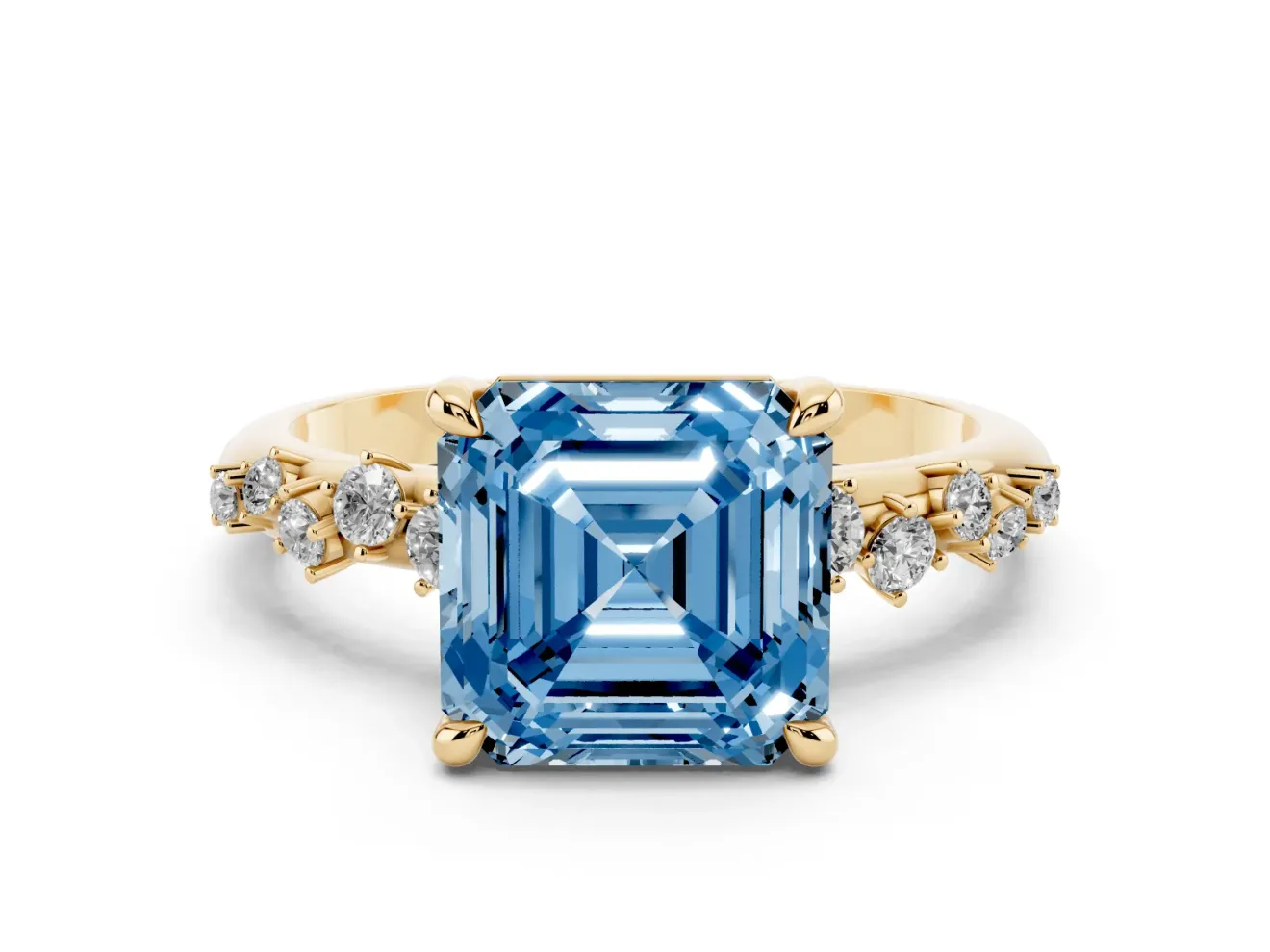 Fancy Blue Asscher Cut Diamond Solitaire Vine Band Ring Set in Yellow gold with Round Accents and Prong Setting