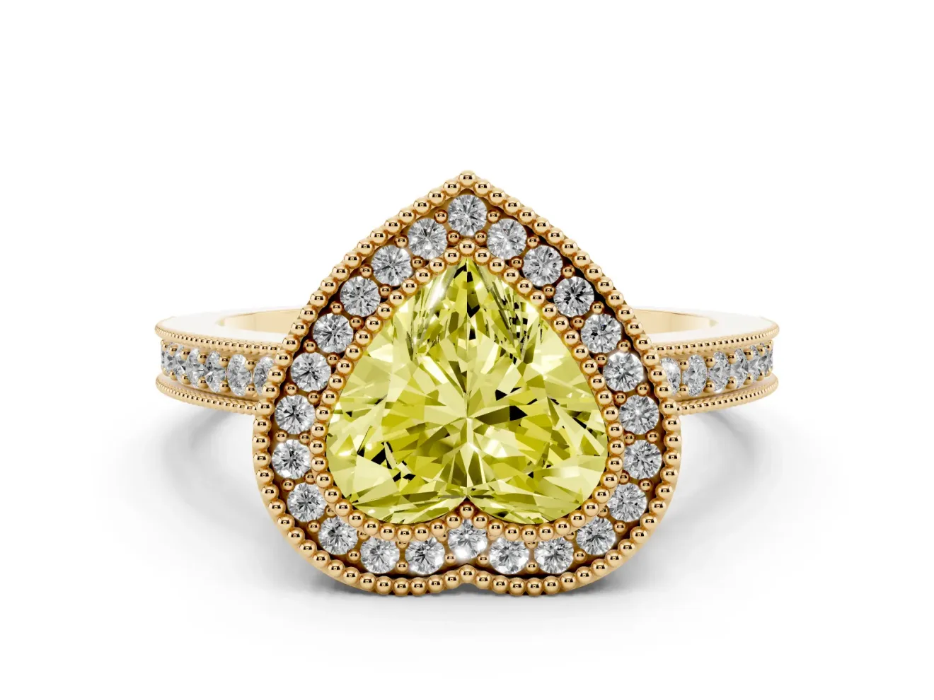 Heart-Shaped Double Milgrain Halo Engagement Ring Setting for a Fancy Yellow Lab-Grown Diamond | Pave Band | Yellow Gold