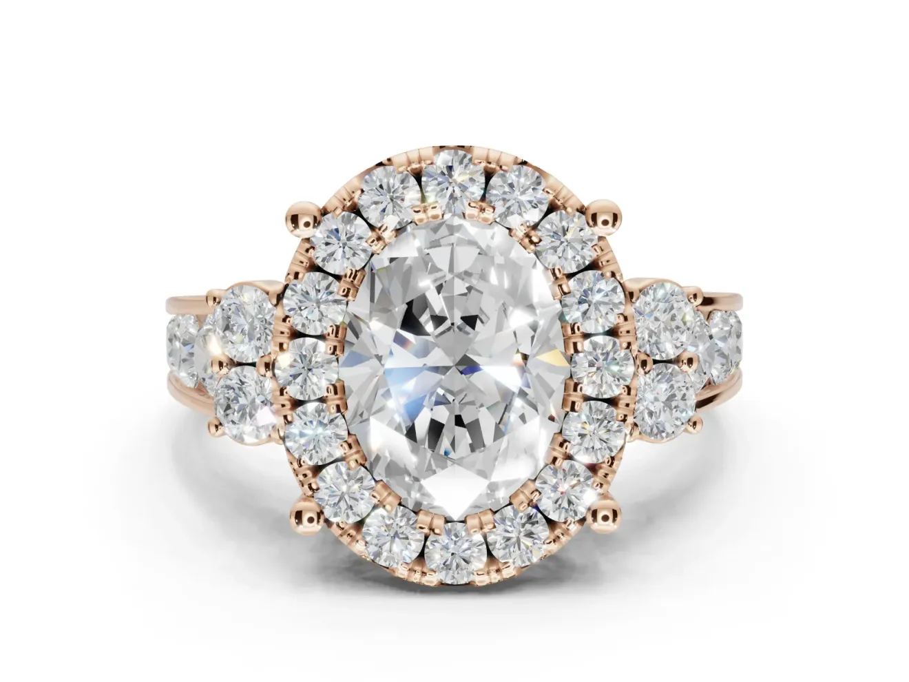 Oval Halo Side Cluster Engagement Ring Setting | Graduated Channel Band | Rose Gold