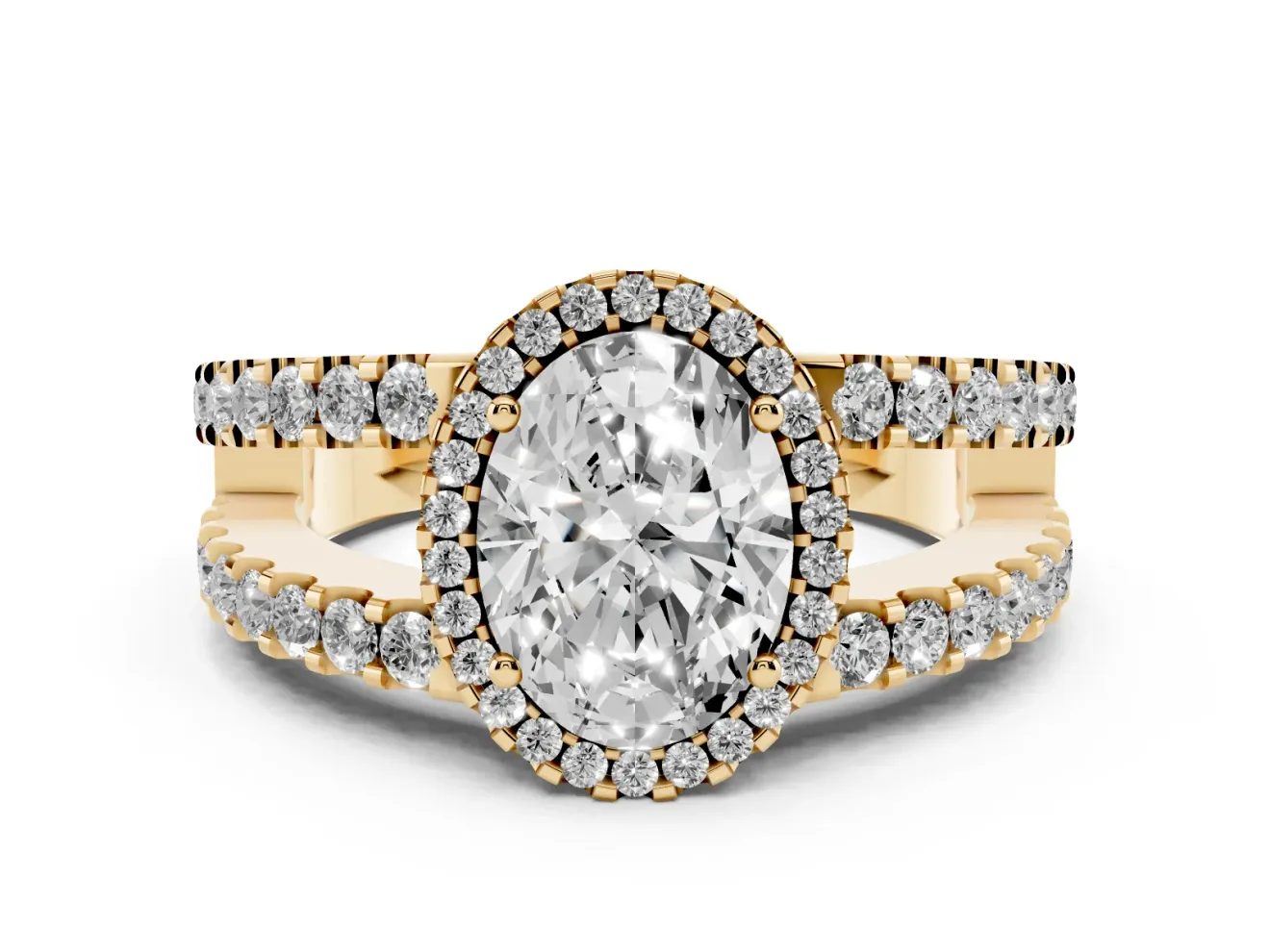 Oval Cut Diamond Halo Ring Set in Yellow gold with Pavé Split Shank and Prong Setting