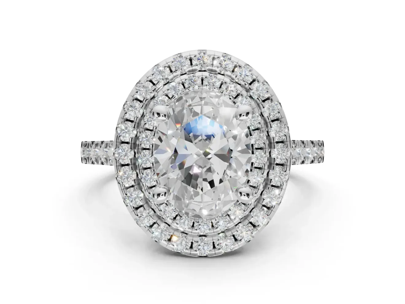 Oval Lab-Grown Diamond Double Halo Statement Ring Set in Sterling Silver with Pavé Band