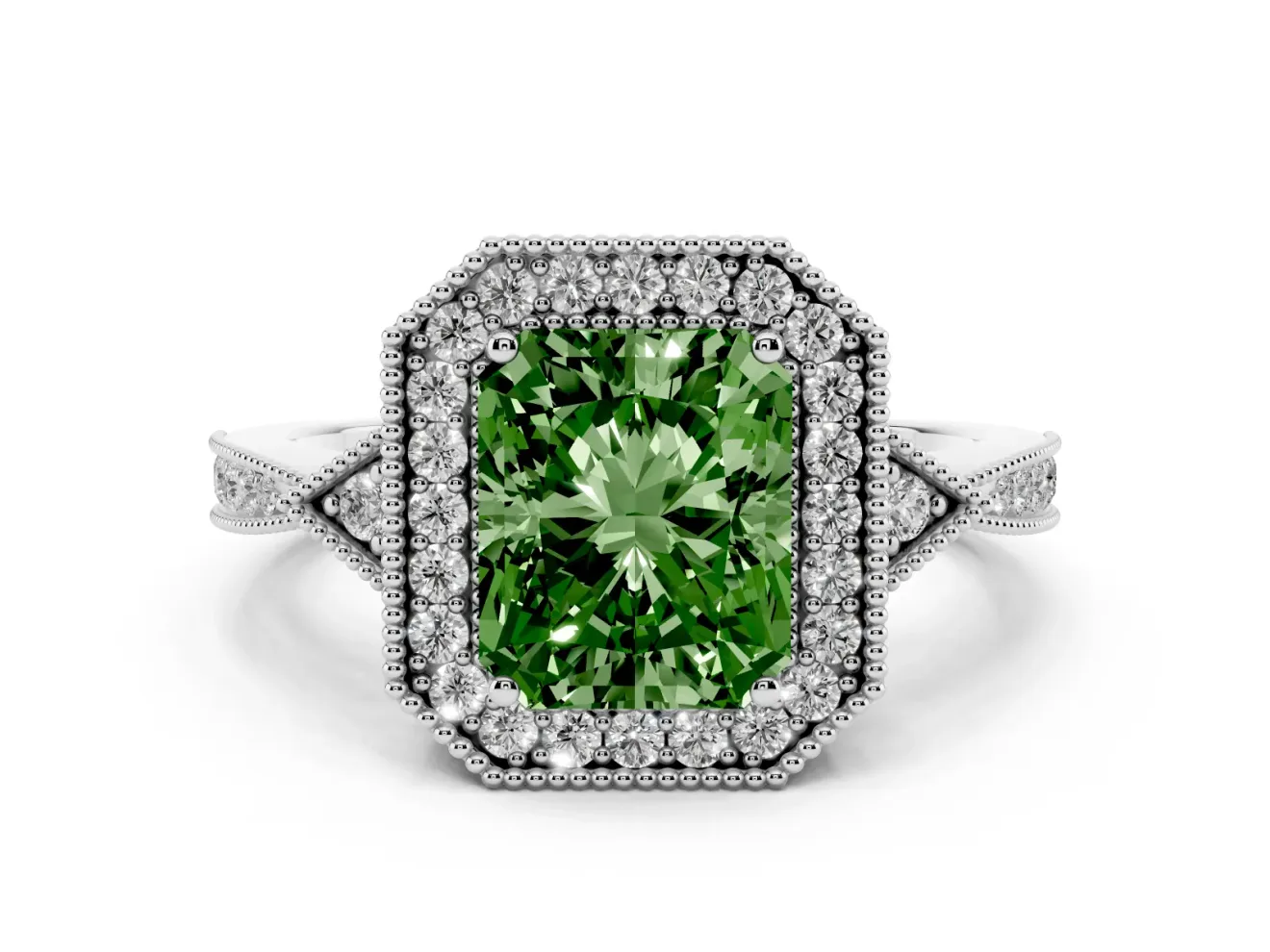 Fancy Green Radiant Cut Diamond Halo Engagement Ring Set in White gold with Milgrain Pavé Band