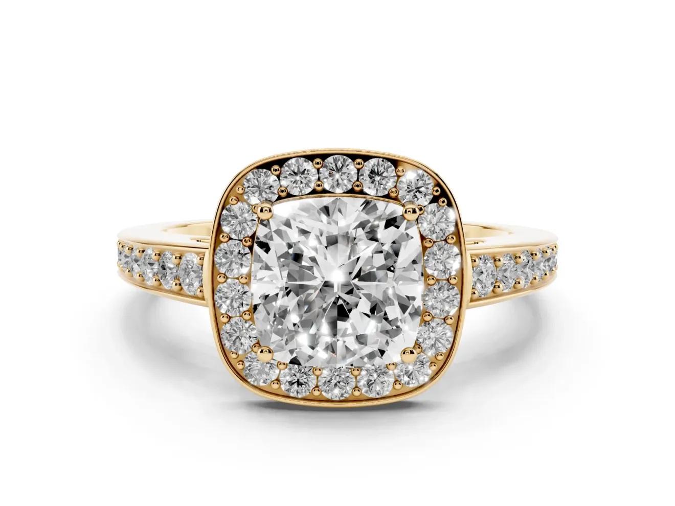 Cushion Cut Diamond Halo Pavé Engagement Ring Set in Yellow gold with Bezel Setting