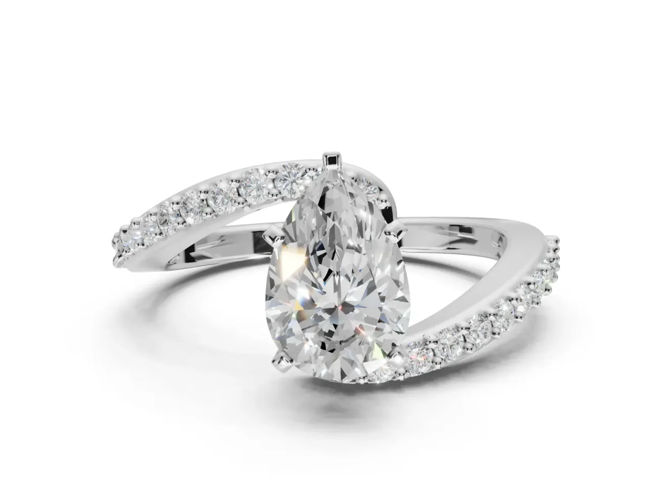 Pear-Shaped Bypass Pavé Solitaire Engagement Ring Setting | Swirl Band | Platinum