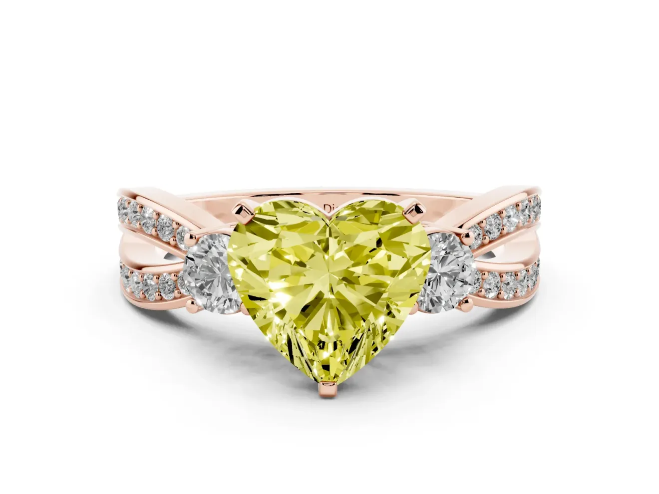 Fancy Yellow Three-Stone Heart Cut Diamond Twist Band Ring Set in Rose gold with Pavé Accents and Prong Setting