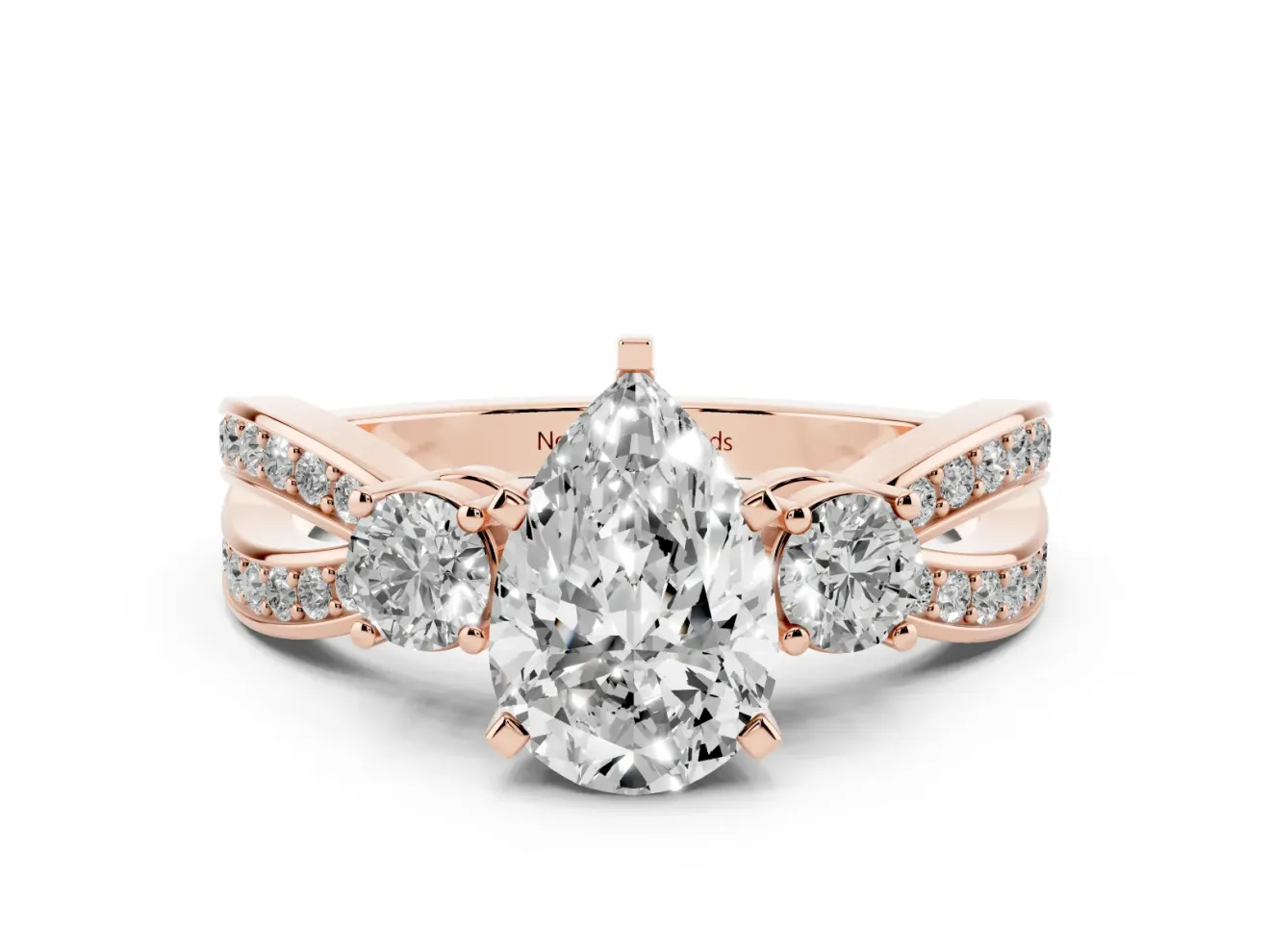 Pear-Shaped Three-Stone Pavé Twist Engagement Ring Setting | Split Shank | Rose Gold