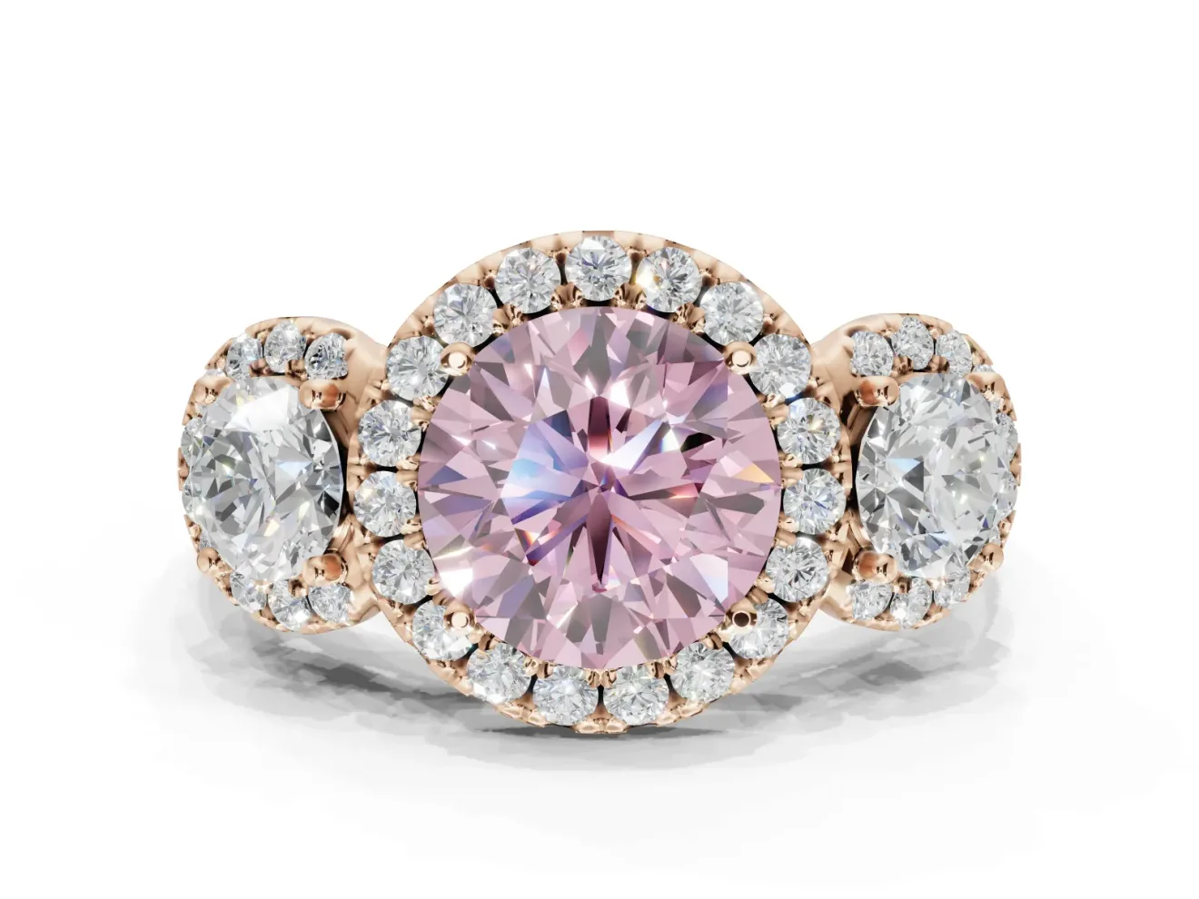 Round Three Stone Halo Engagement Ring Setting for a Fancy Pink Lab-Grown Diamond | Rose Gold