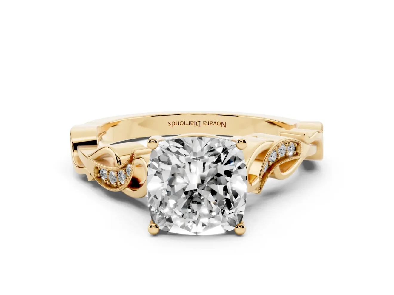 Cushion Cut Vintage Vine Solitaire Engagement Ring Setting | Milgrain Leaves | Yellow Gold