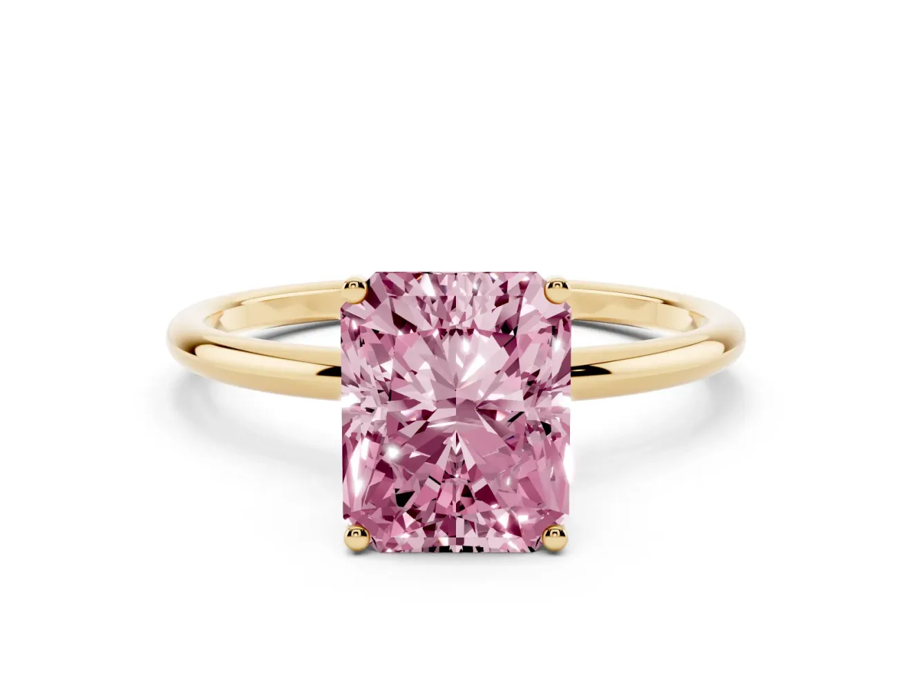 Fancy Pink Radiant Cut Diamond Solitaire Engagement Ring Set in Yellow gold with Thin Band and Prong Setting