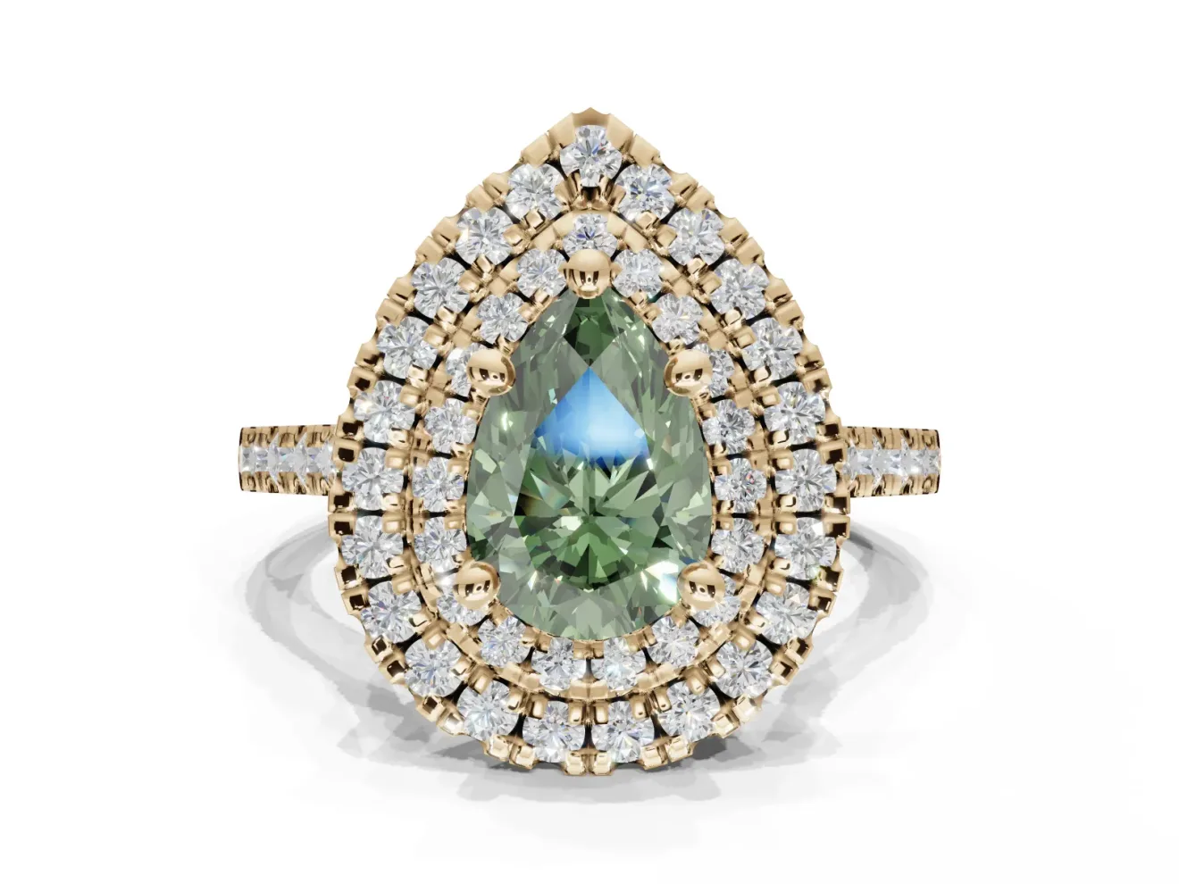 Fancy Green Pear-Shaped Lab-Grown Diamond Double Halo Statement Ring Set in Yellow Gold with Pavé Band