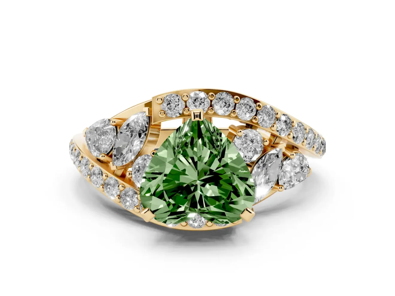 Fancy Green Heart Cut Diamond Halo Ring Set in Yellow gold with Marquise and Pavé Band in Prong Setting