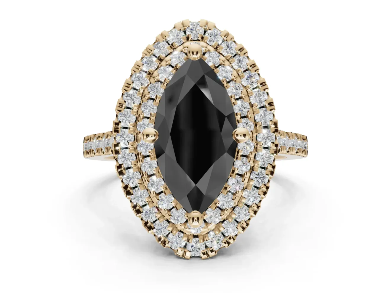 Marquise Double Halo Engagement Ring Setting for a Black Center | Pavé Shoulders | Yellow Gold
