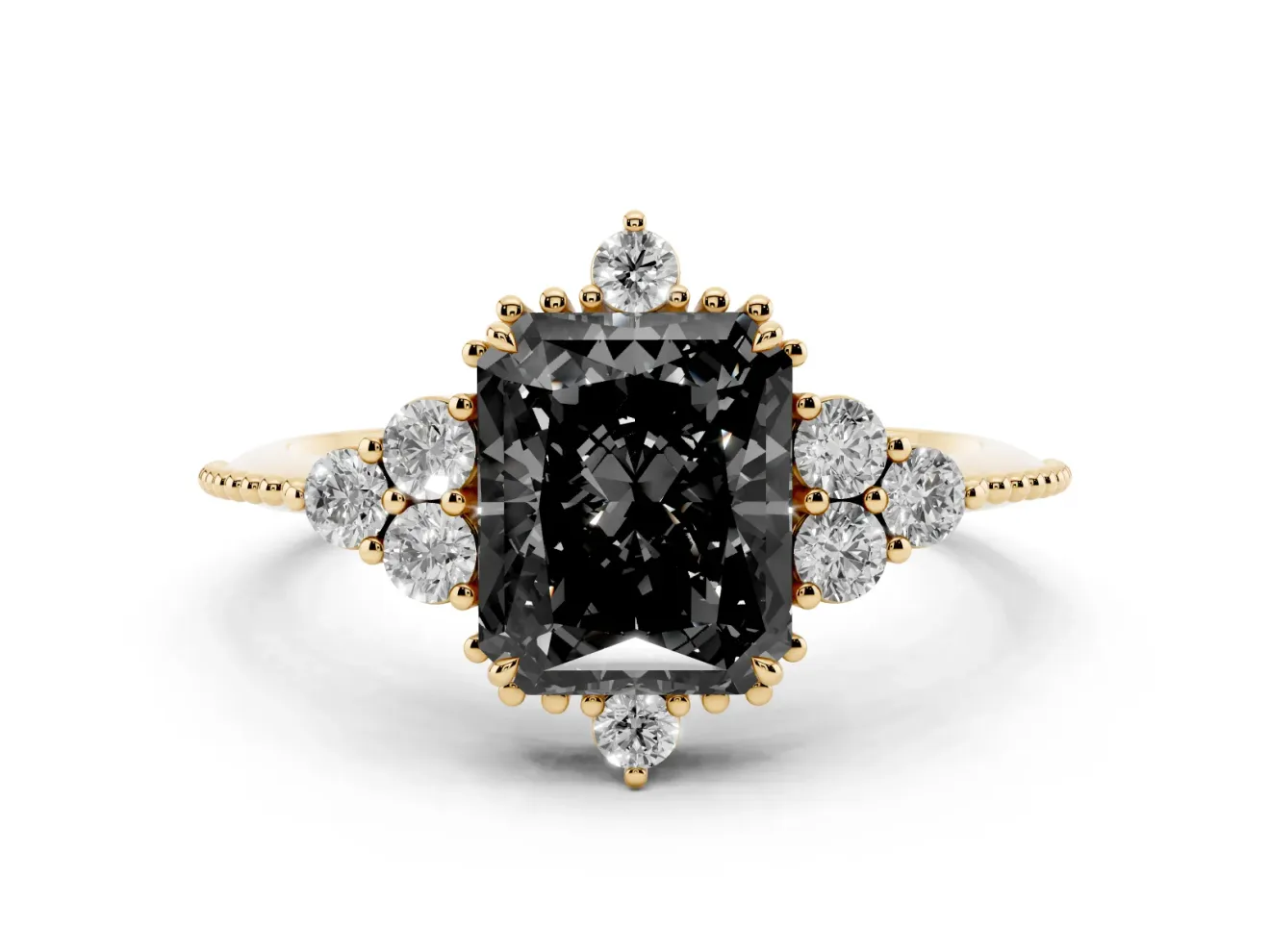 Radiant Cut Vintage Cluster Engagement Ring Setting for a Black Center | Beaded Edges | Yellow Gold