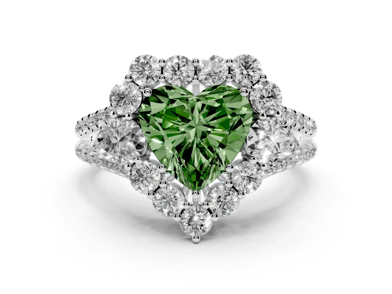 Fancy Green Heart Cut Diamond Halo Split Shank Engagement Ring Set in Platinum with Prong-Held Center Stone